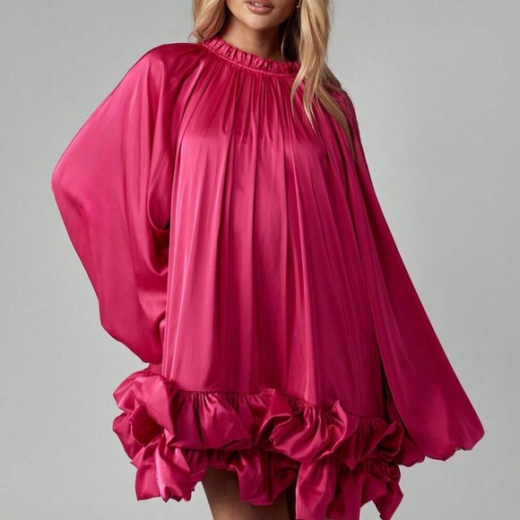 Hot Pink Party Women's Ruffle Hem High Neck Satin Elegant Mini Dress - Picture 6 of 8